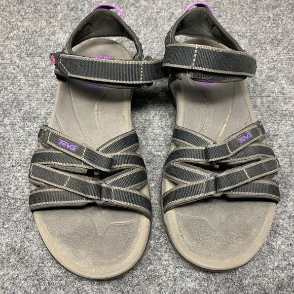 Teva Sandals Women 6.5 Black Gray Open Toe Strappy Shoes Hook & Loop Close - Picture 1 of 11